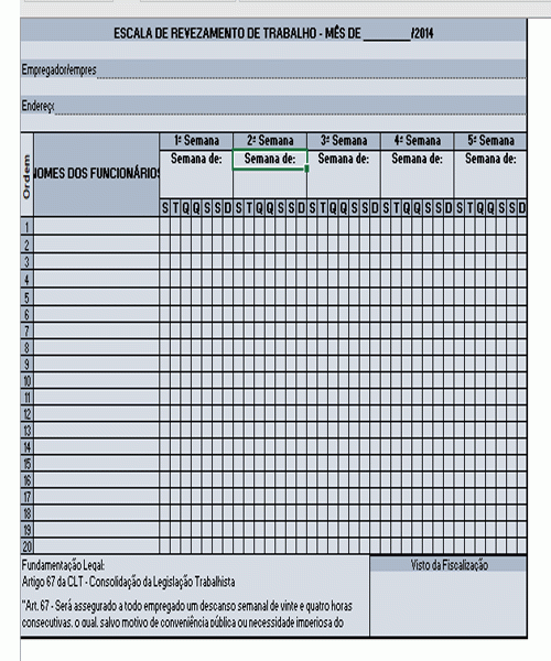 Modelo de Escala de Trabalho Folga Revezamento Geral