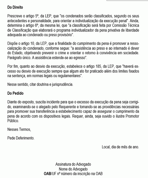 Modelo de Petição Incidente de Excesso de Execução Penal